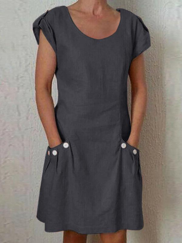 Women's loose cotton and linen pocket contrast button dress