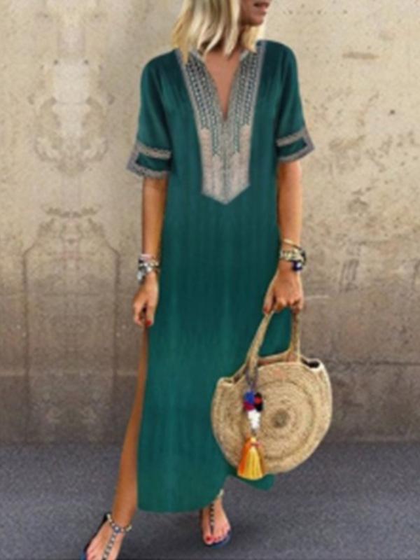 Ladies ethnic style V-neck casual loose dress