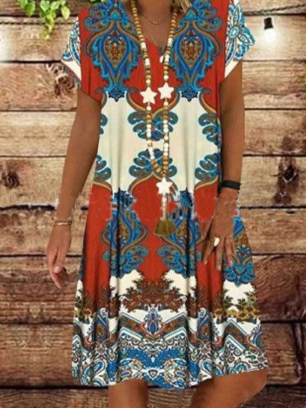 Ladies fashion printed V-neck short sleeve dress