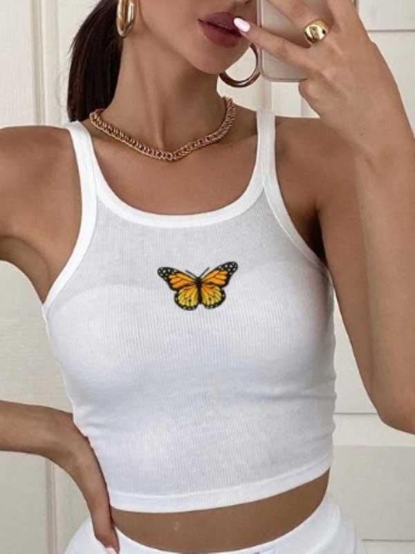 Butterfly embroidered cropped slim cotton shirt