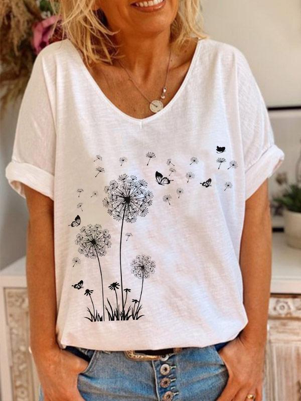Women's Dandelion Butterfly Print V-neck Short Sleeve T-shirt
