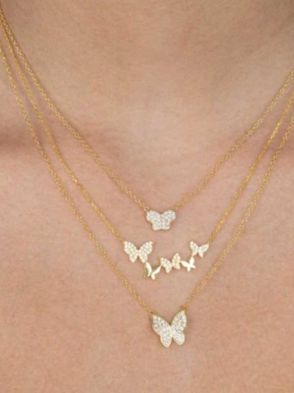18K Gold Zircon Butterfly Stacked Clavicle Chain Necklace
