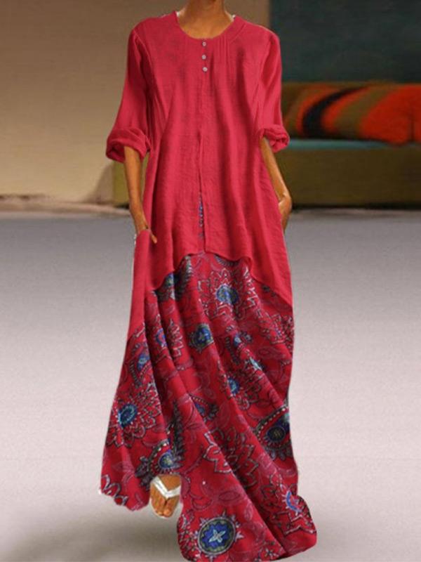 Women's retro printed fake two-piece irregular dress