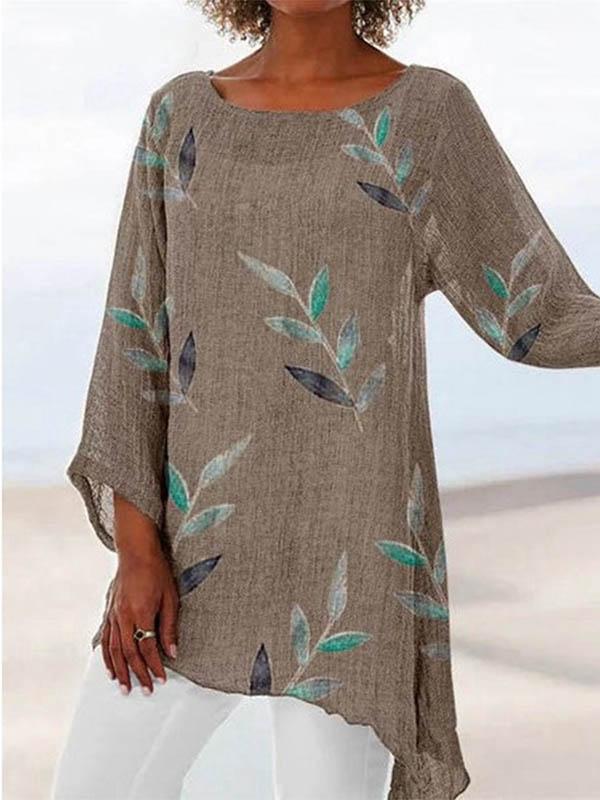 Women's Cotton Linen Sleeve Round Neck Leaf Print T-Shirt
