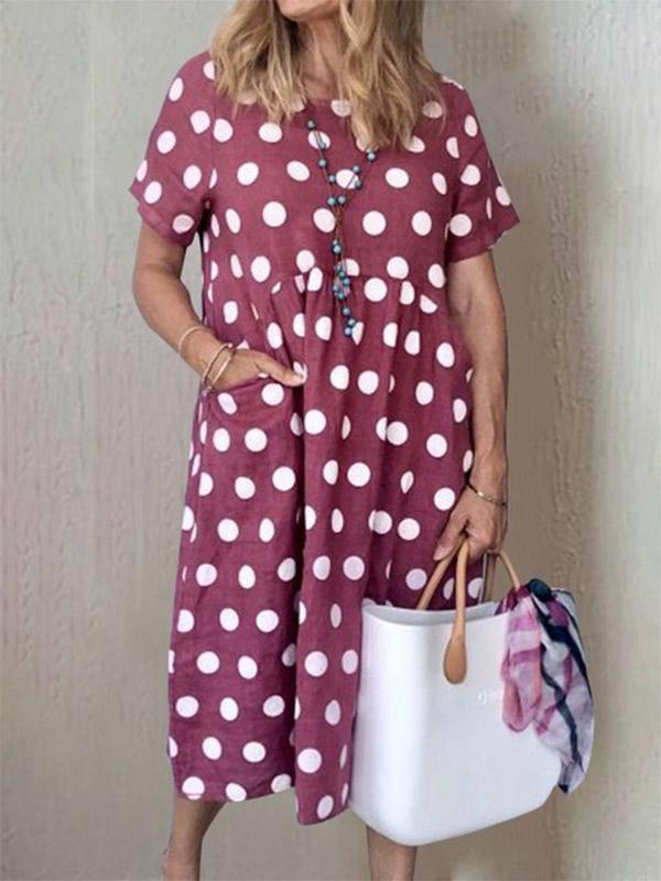 Women's Polka Dot Print Pocket Loose Short Sleeve Dress