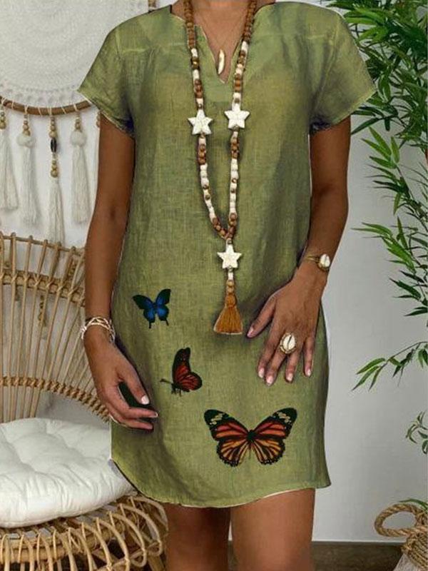 Women's loose cotton and linen butterfly print V-neck dress