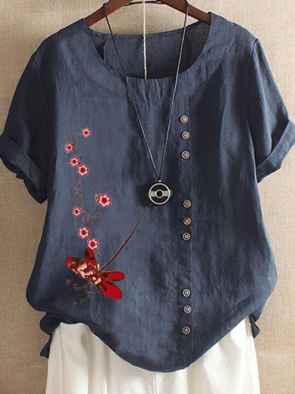 Retro cotton and linen printed button shirt