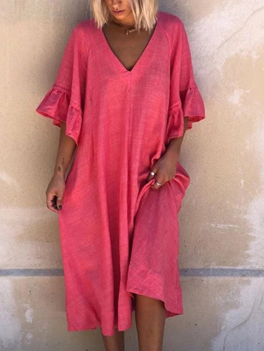 Solid Simple V Neck Linen Dresses