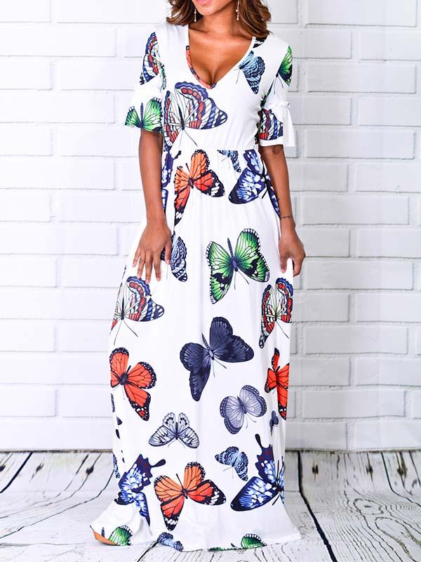 Casual Butterfly Print V-neck Short Sleeve Dress