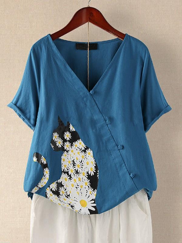 Cat daisy print button short sleeve top