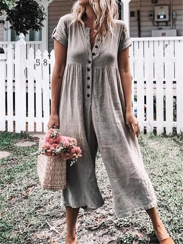 Button Down Short Sleeve Jumpsuit
