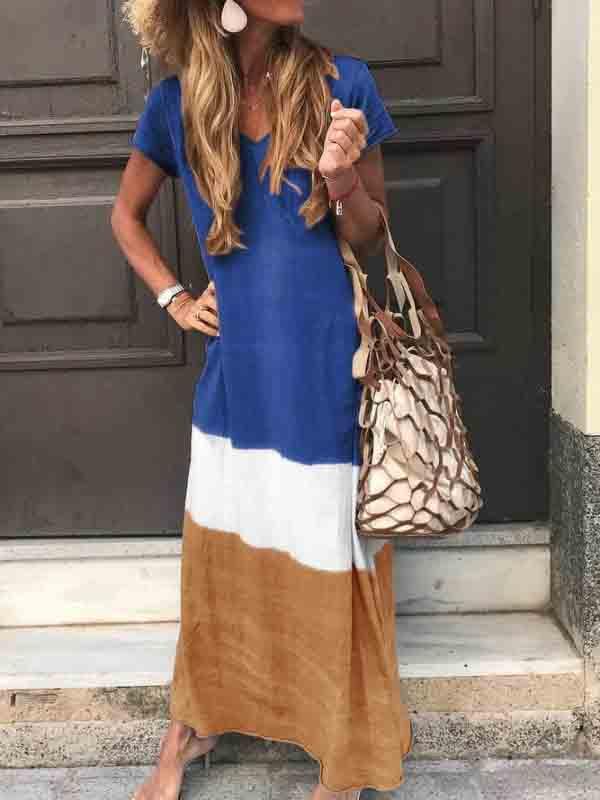 Cotton and linen loose contrast printed V-neck dress