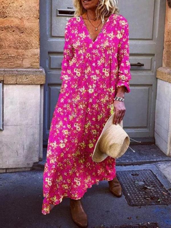 Women's V-neck loose print 3/4 sleeve dress