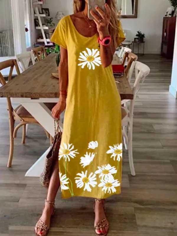 Women's hem split daisy print dress