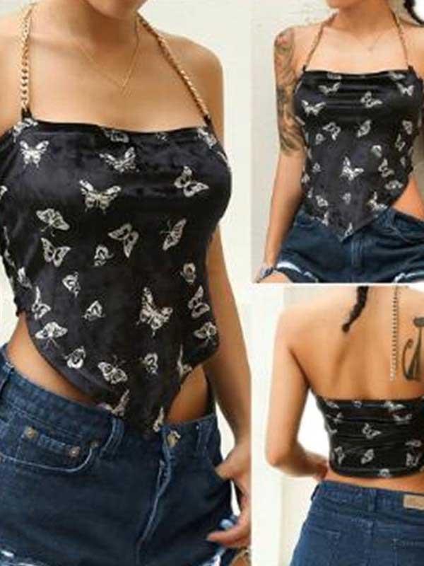 Butterfly Printed Velvet Chain Slotted Collar Sexy Vest