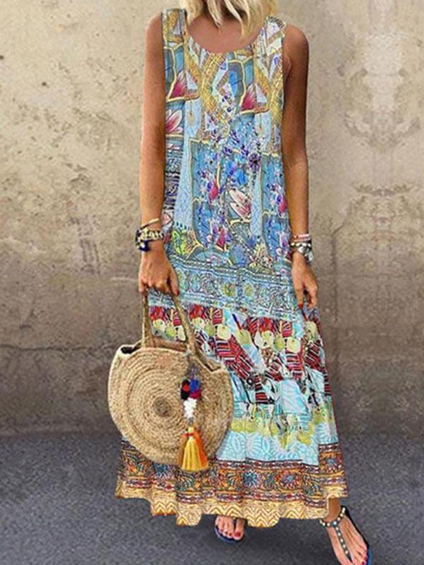 Ladies fashion printed sleeveless linen dress