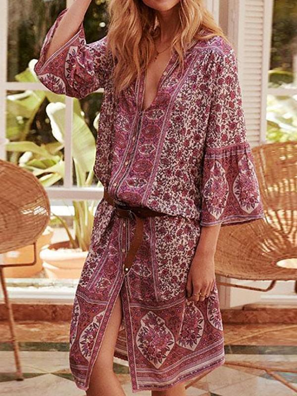 Retro Boho Print Button Down Mini Dress