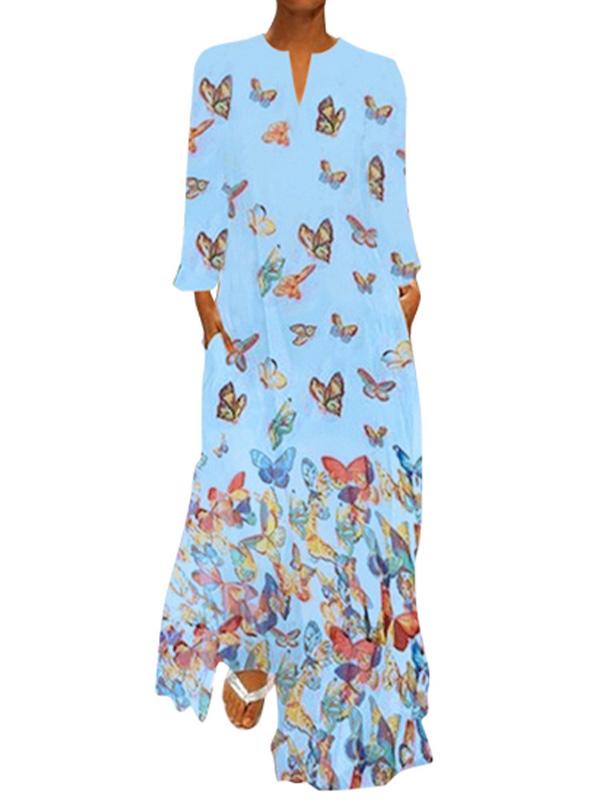 Lady Butterfly Print V-neck Long Sleeve Dress