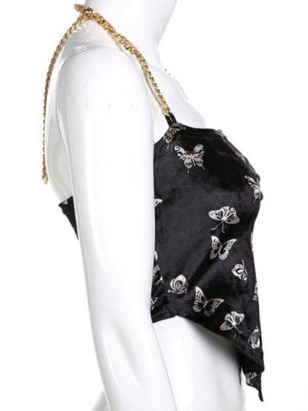 Butterfly Printed Velvet Chain Slotted Collar Sexy Vest