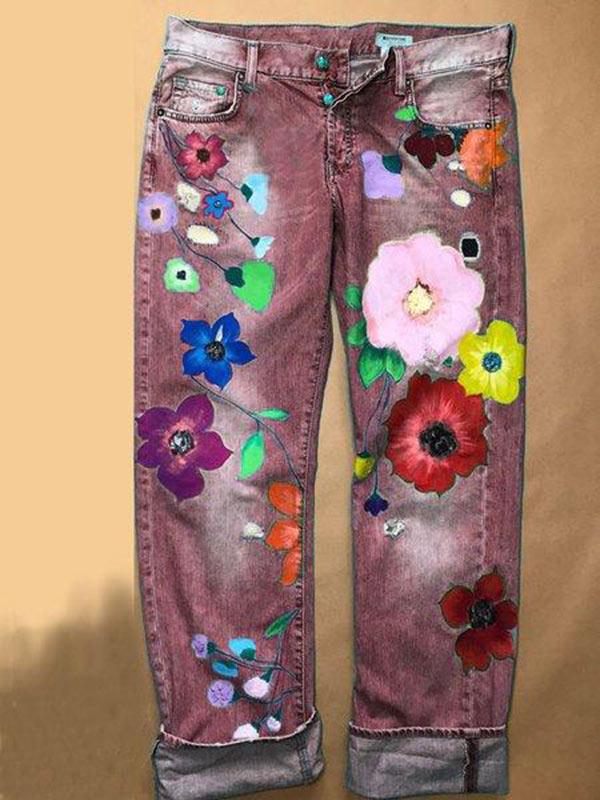 Women's Fashion Print Straight Jeans