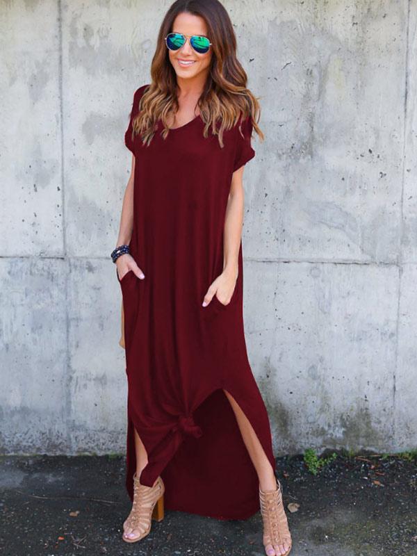 Women's V-neck Solid Color Pocket Split Dress