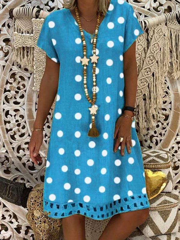 Ladies fashion V-neck polka dot cotton and linen dress