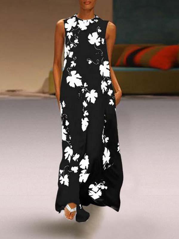 Fashion round neck printed large size sleeveless casual long dress