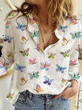 Women's butterfly printed cotton and linen shirt