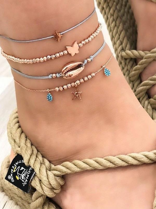 4 Piece Anklet Butterfly Shell Rhinestone