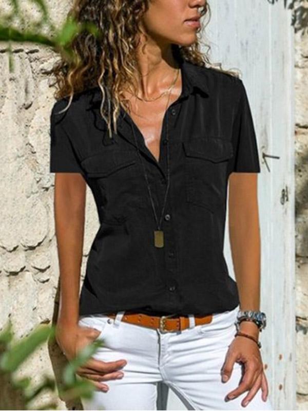 Women's lapel pocket short sleeve shirt