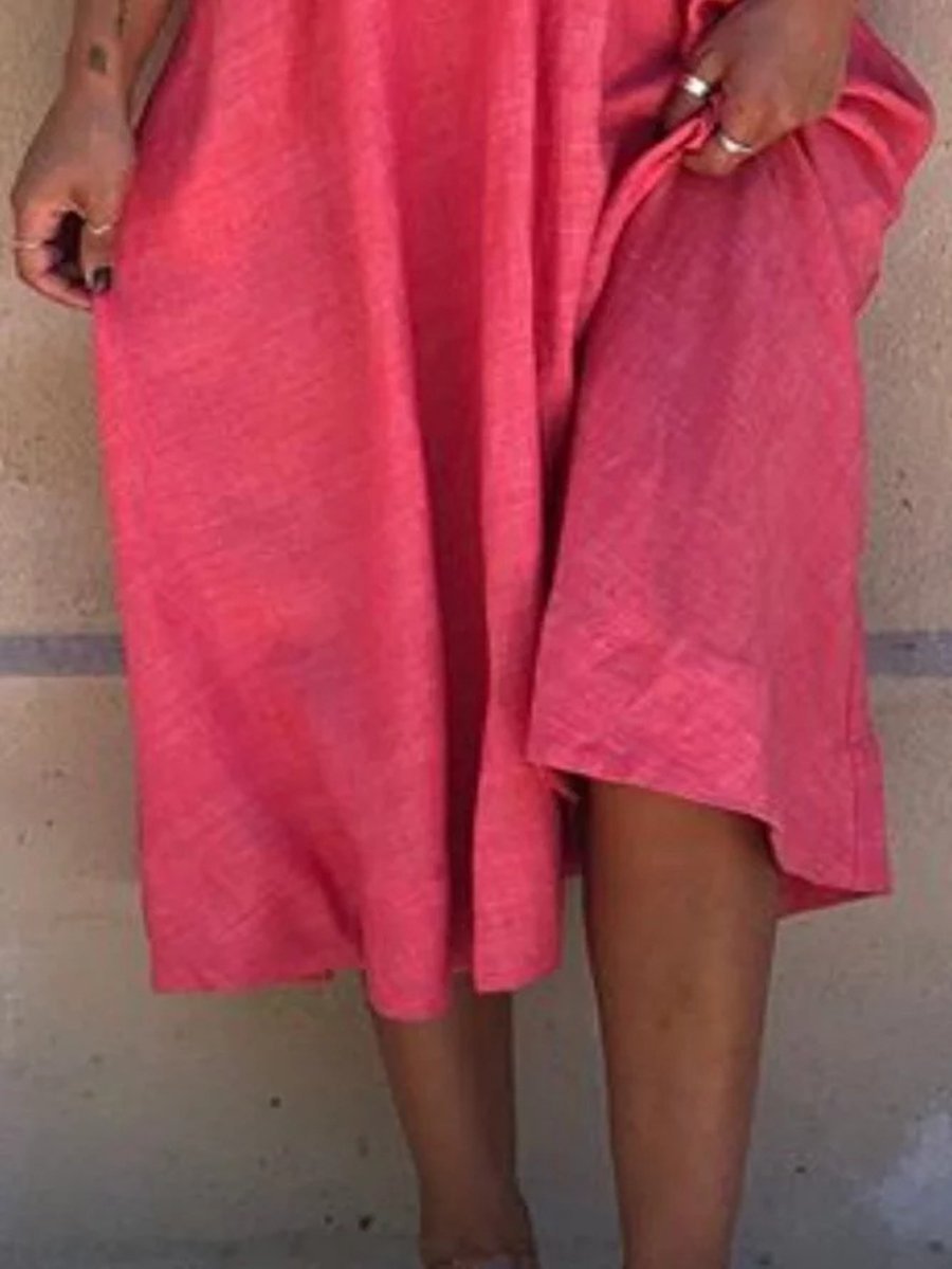 Solid Simple V Neck Linen Dresses