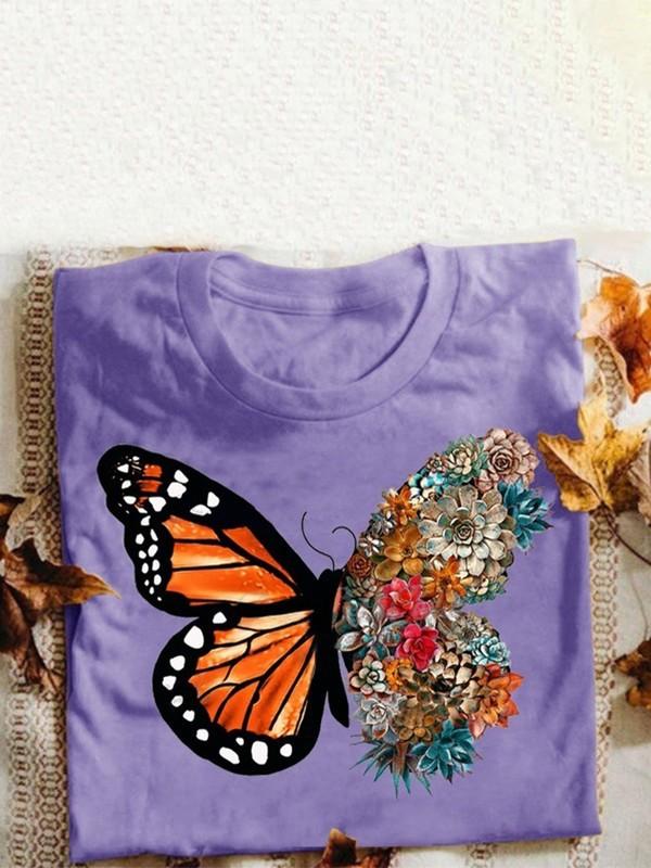Butterfly flower print short sleeve t-shirt