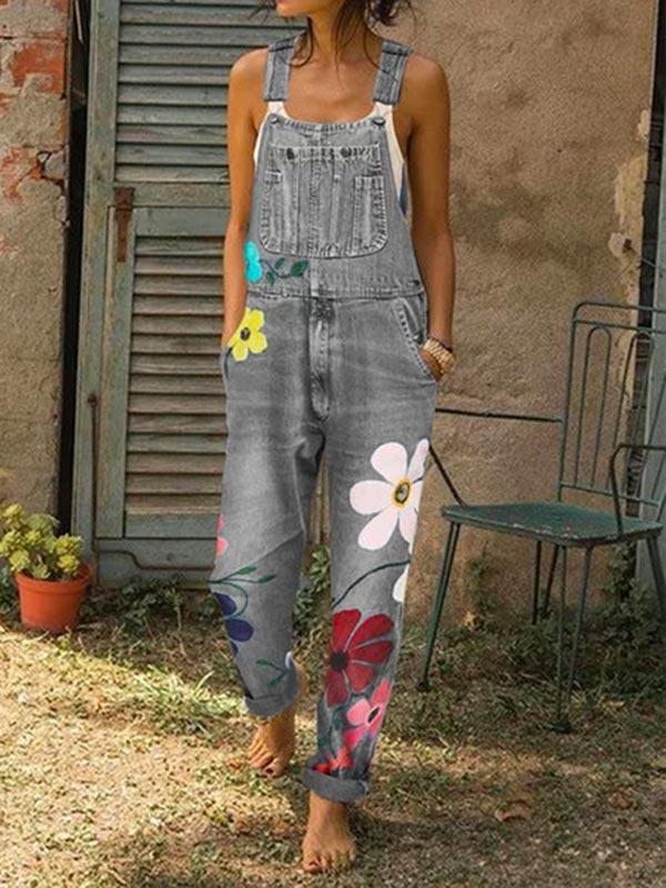 Women's Denim Floral Print Jumpsuit