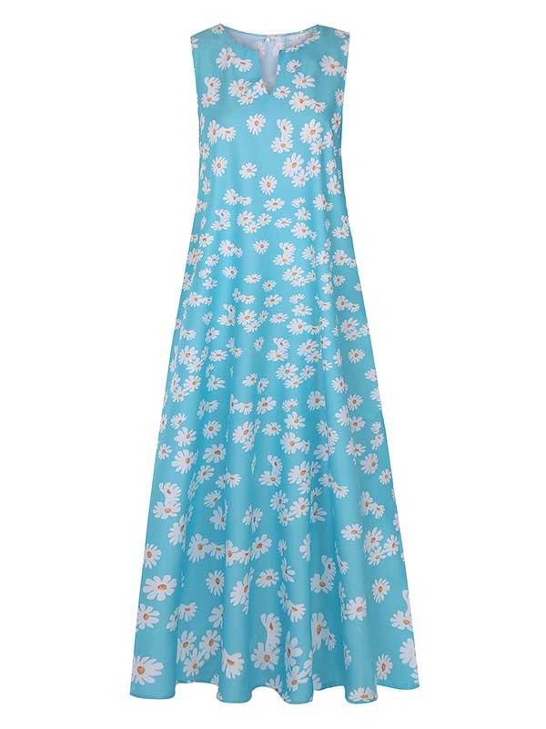 Small Daisy Print V-Neck Sleeveless Long Dress Long Dress