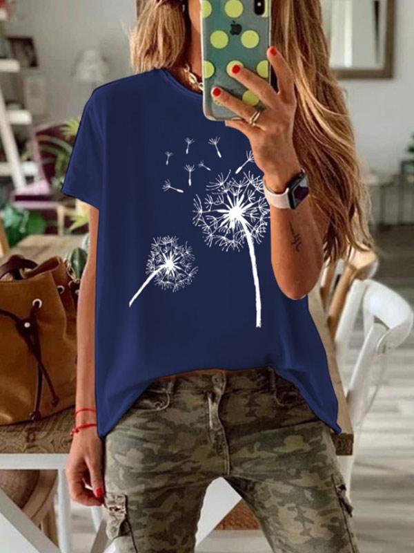 Women's dandelion printed round neck short sleeve T-shirt