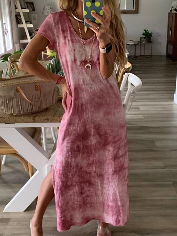 Women's V-neck wide loose-fork print dress
