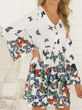 Ladies fashion butterfly print V-neck long sleeve dress