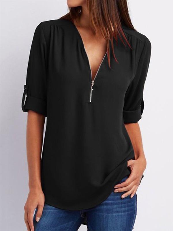 Women's V-neck zipper oversized chiffon shirt