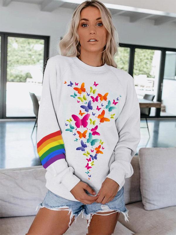Women's Rainbow Butterfly Print Crew Neck Long Sleeve Sweatshirt