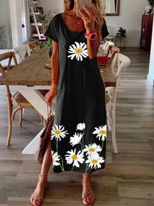 Women's hem split daisy print dress