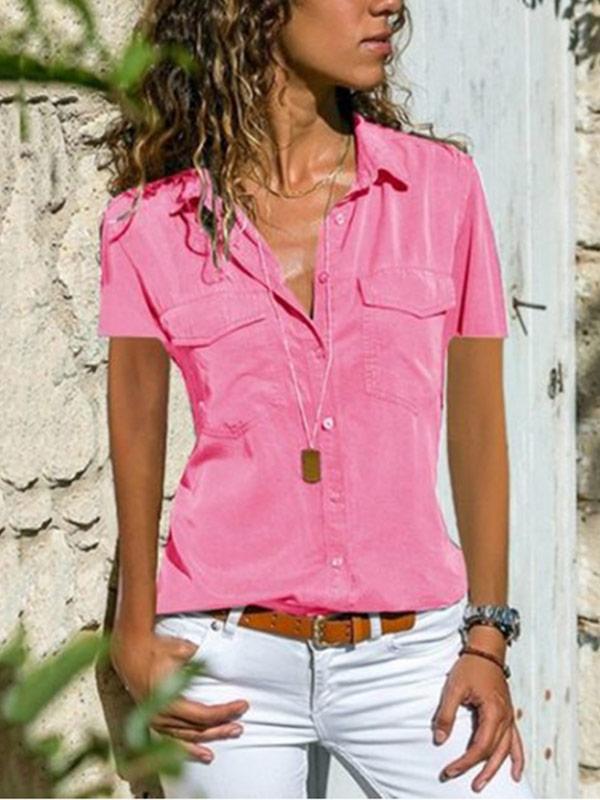 Women's lapel pocket short sleeve shirt