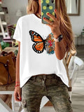 Women's round neck butterfly letter printed loose T-shirt