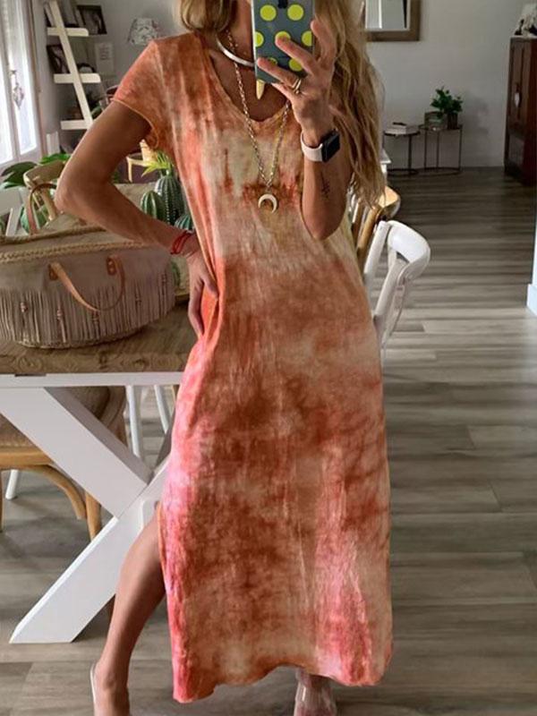 Women's V-neck wide loose-fork print dress