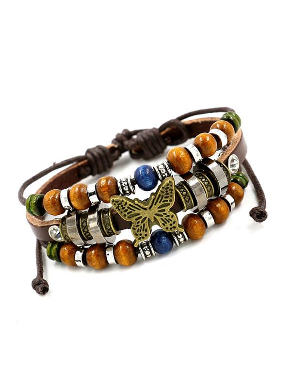 Women's Multilayer Beaded Butterfly Leather Bracelet