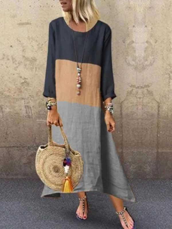 Contrast color long sleeve round neck cotton and linen stitching dress long dress