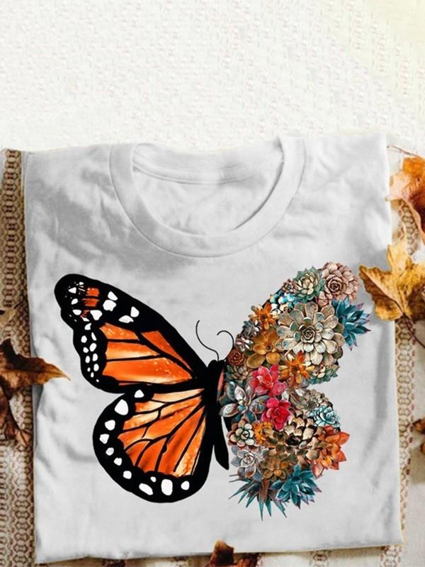 Butterfly flower print short sleeve t-shirt