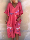 Multicolor Dragonfly Print Ruffled Sleeve Midi Dress