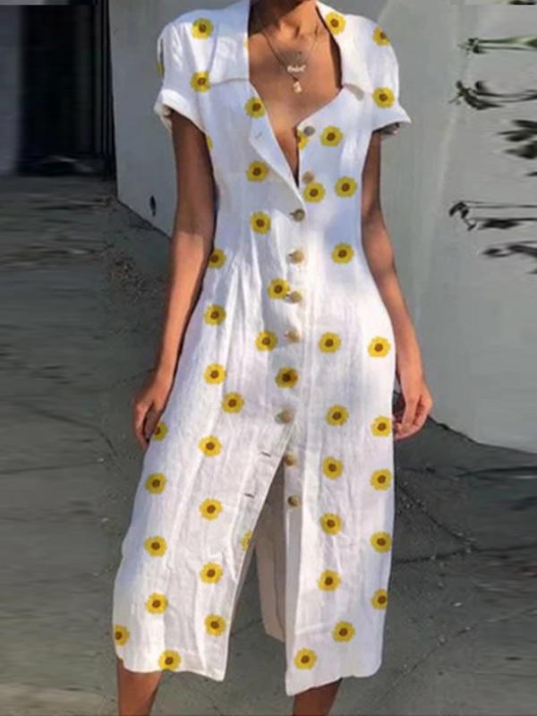 Ladies fashion printed slim cotton and linen dress