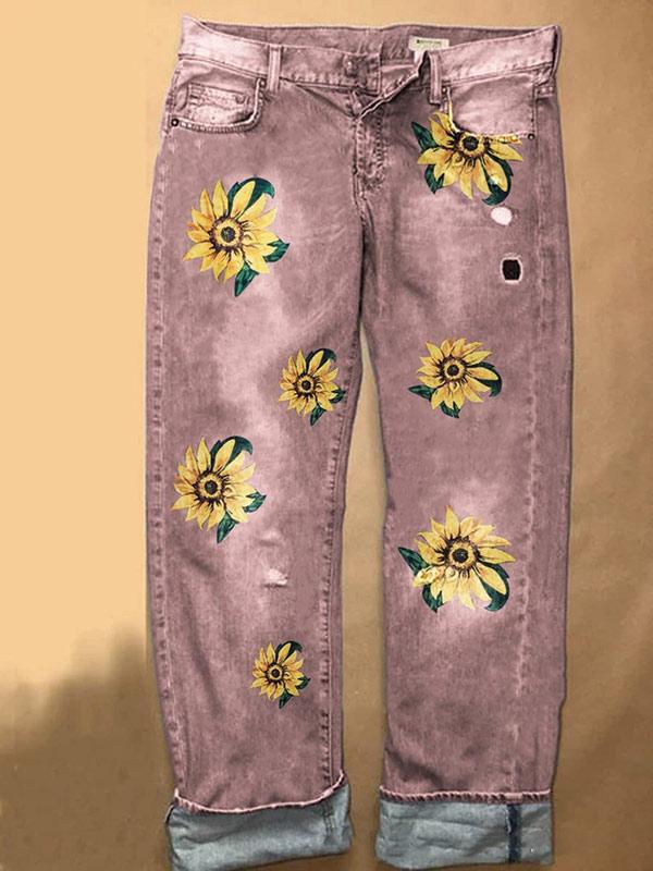 Women's Fashion Daisy Print Straight Jeans