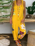 Women's loose plus size cotton and linen printed jumpsuit